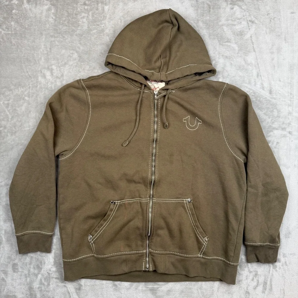 True Religion Mens World Tour Buddha Zip Hoodie Brown Contrast Stitch Y2K 3XL
